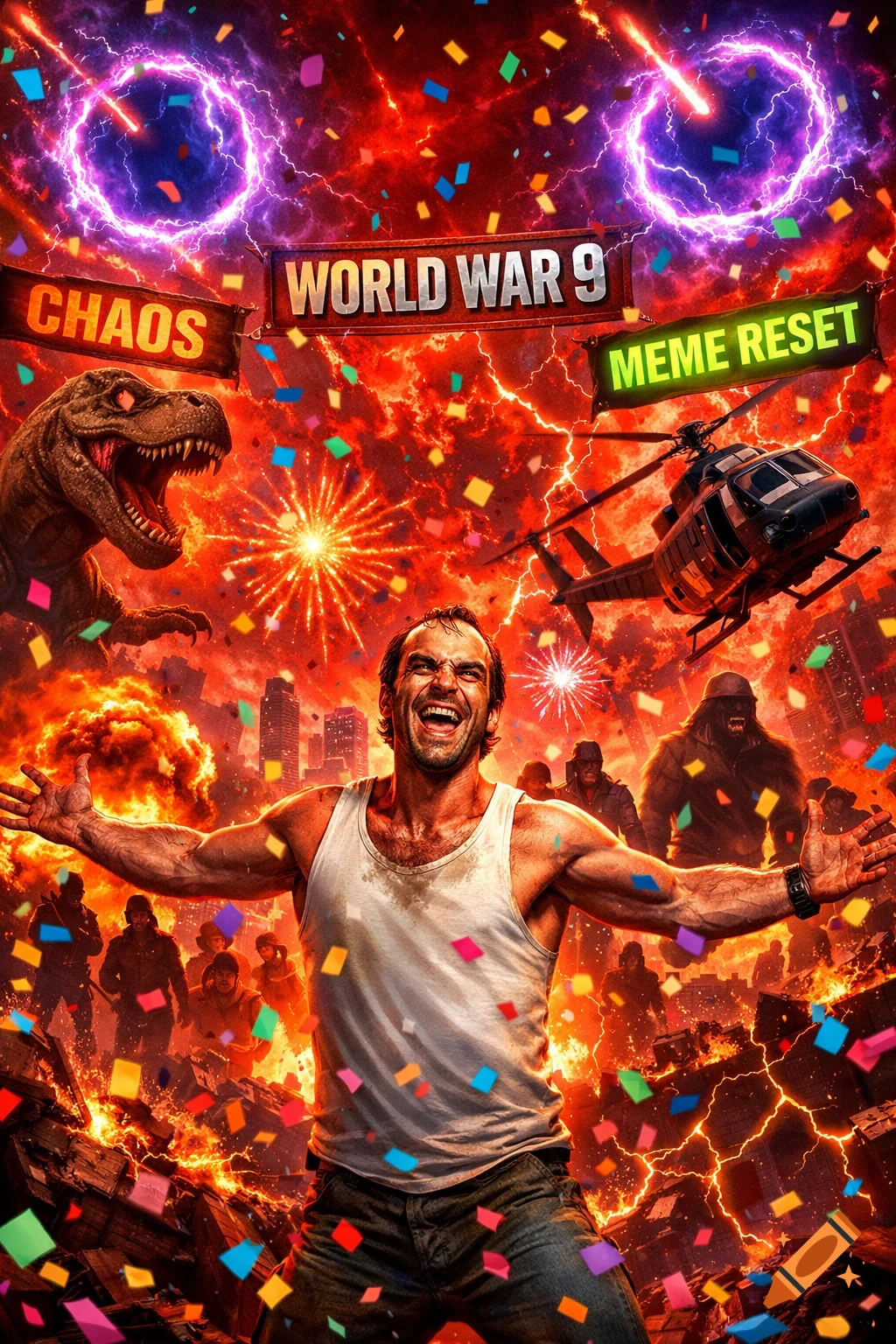 A chaotic, vibrant poster showing a man with open arms, a T-Rex, helicopter, and King Kong in a fiery, explosive city with banners "WORLD WAR 9" and "CHAOS".
