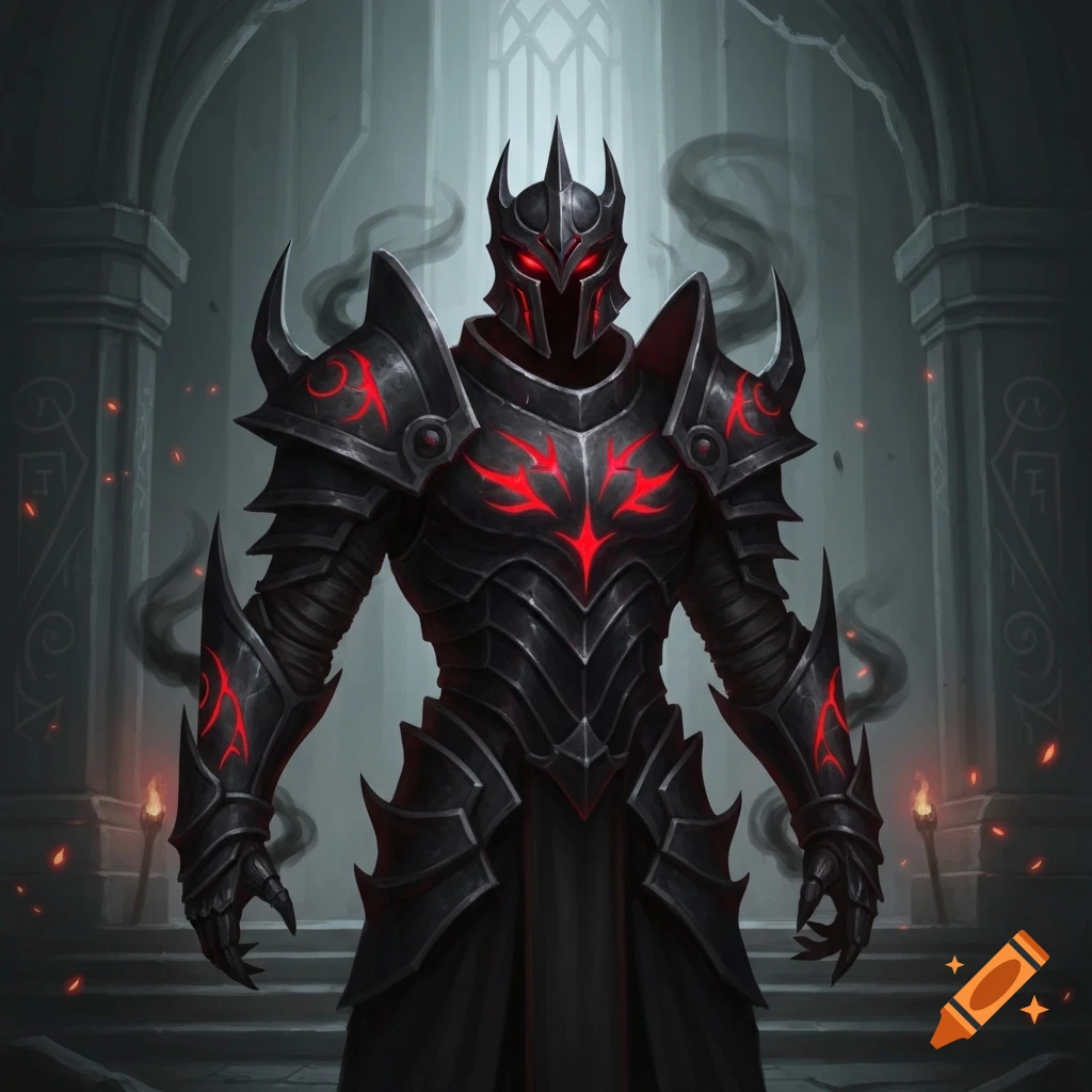A dark armored figure with glowing red eyes and symbols stands in a gothic hall.