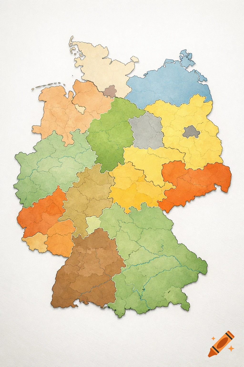 Stylized, colorful map of Germany divided into federal states, rendered with a textured, paper-like quality.