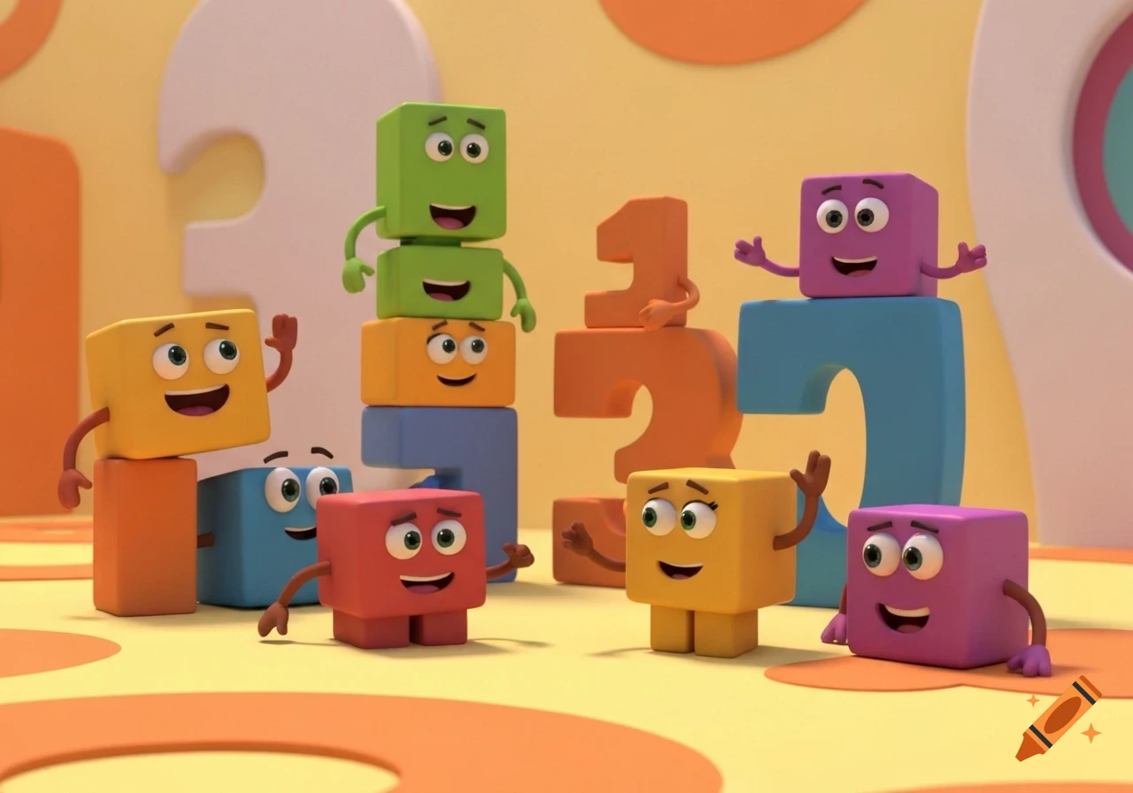 Colorful, friendly block characters play around large numbers 1, 2, and 3 in a bright 3D animated scene.