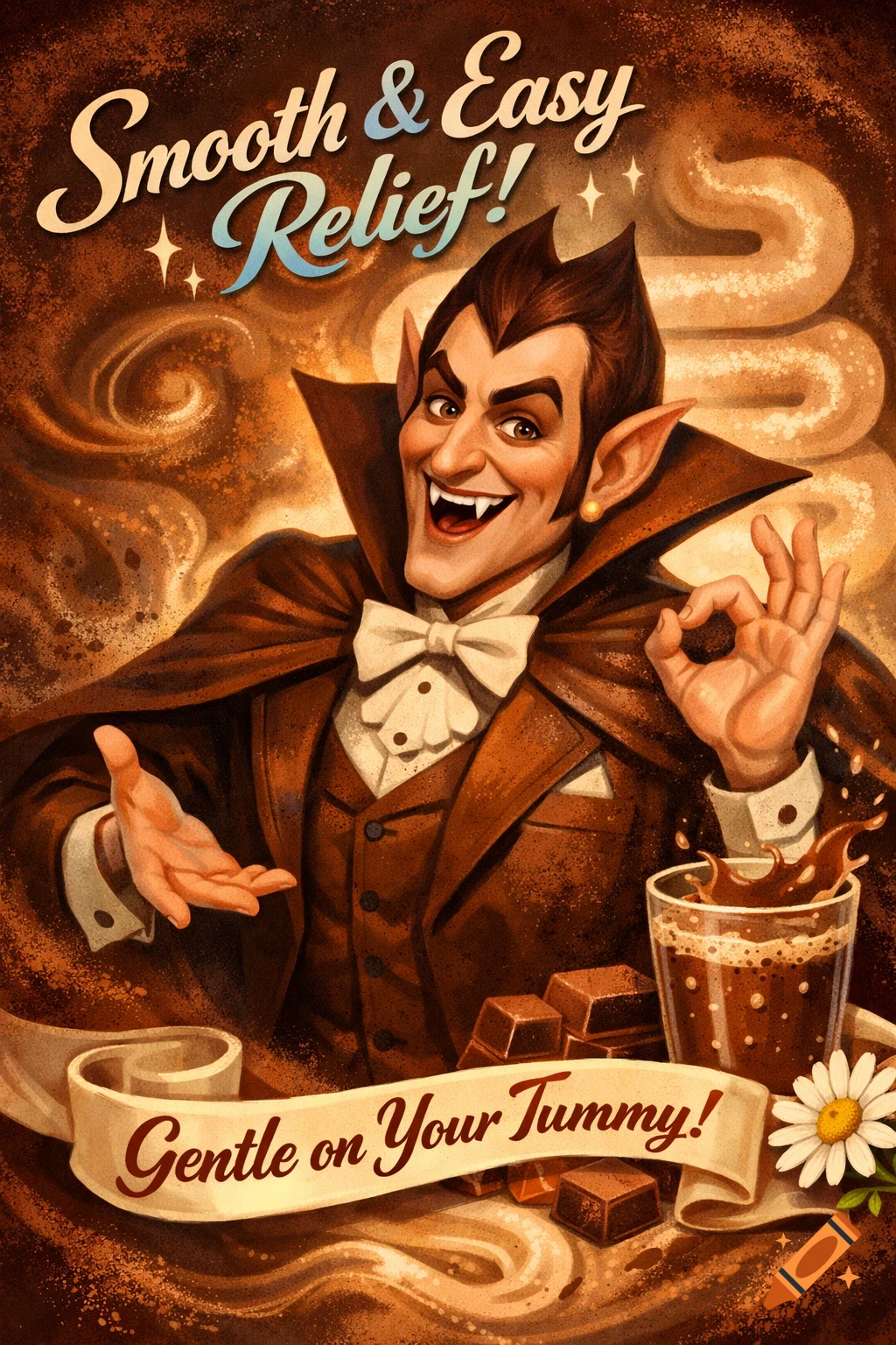 Count Chocula, a cartoon vampire, smiles while holding out his hand and making an 'ok' gesture. He stands in front of a chocolate swirl background with text "Smooth & Easy Relief!" and "Gentle on Your Tummy!", next to a glass of chocolate drink and chocolate pieces in a vintage illustration style.