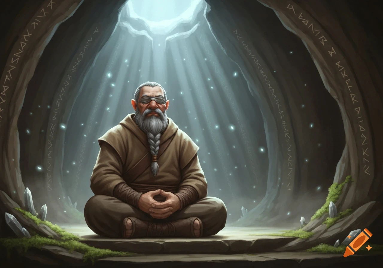 A blind dwarf monk with a long braided beard meditates cross-legged in a mystical cave with ancient runes and light beams.