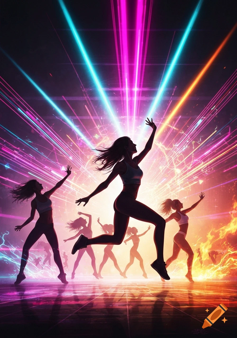 Silhouettes of women dancing dynamically amidst vibrant neon pink, blue, and orange laser lights on a reflective surface.