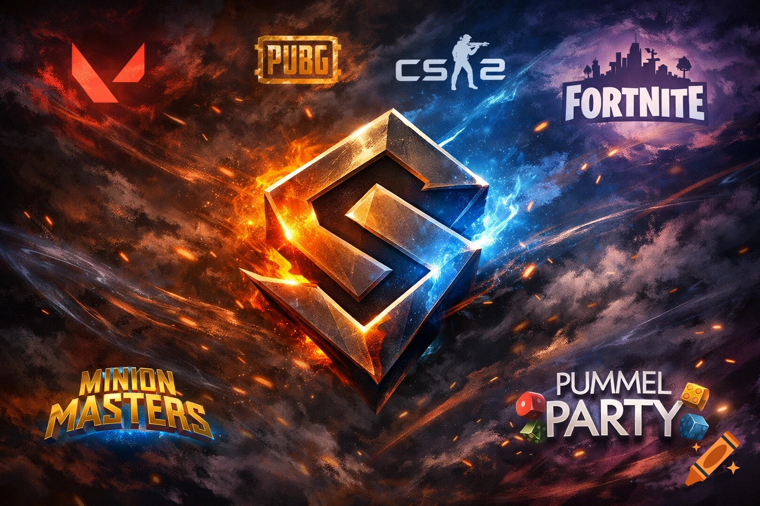A dynamic gaming wallpaper with a central fire and ice emblem, surrounded by logos for Valorant, PUBG, CS2, Fortnite, Minion Masters, and Pummel Party.