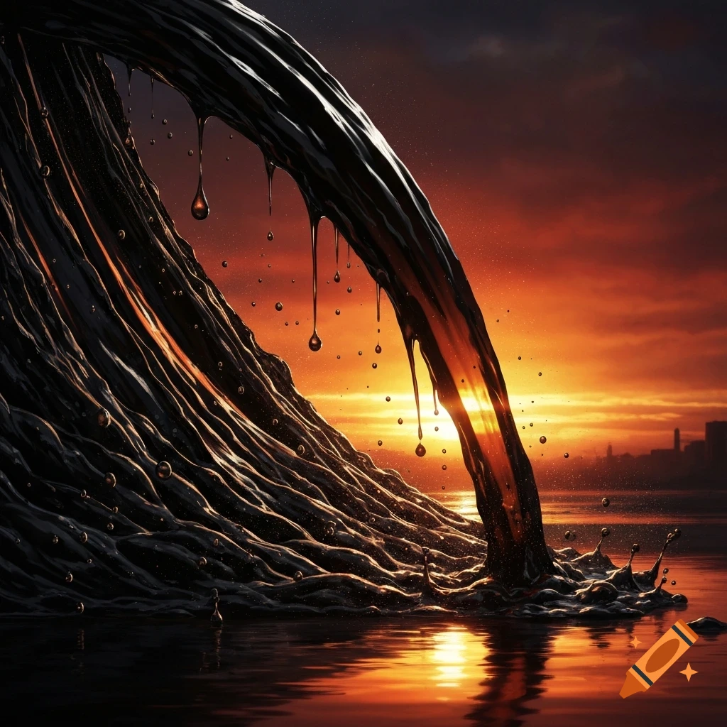 A thick, dark stream of oil pours dramatically into reflective water at sunset, with a city skyline in the distance.