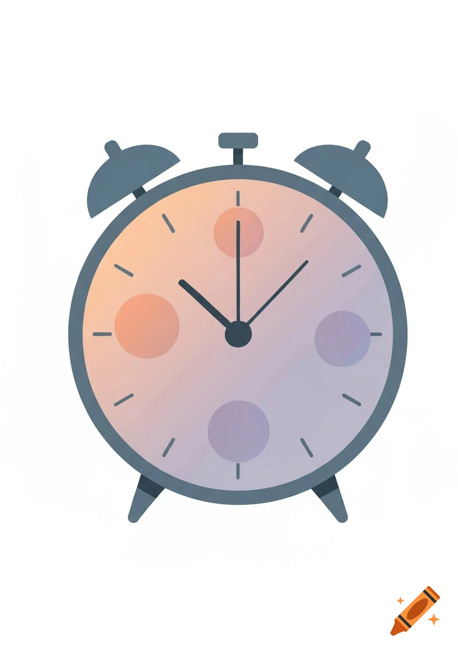 A stylized alarm clock with a gradient orange and purple face, marked with dashes and abstract circles instead of numbers, set against a white background.