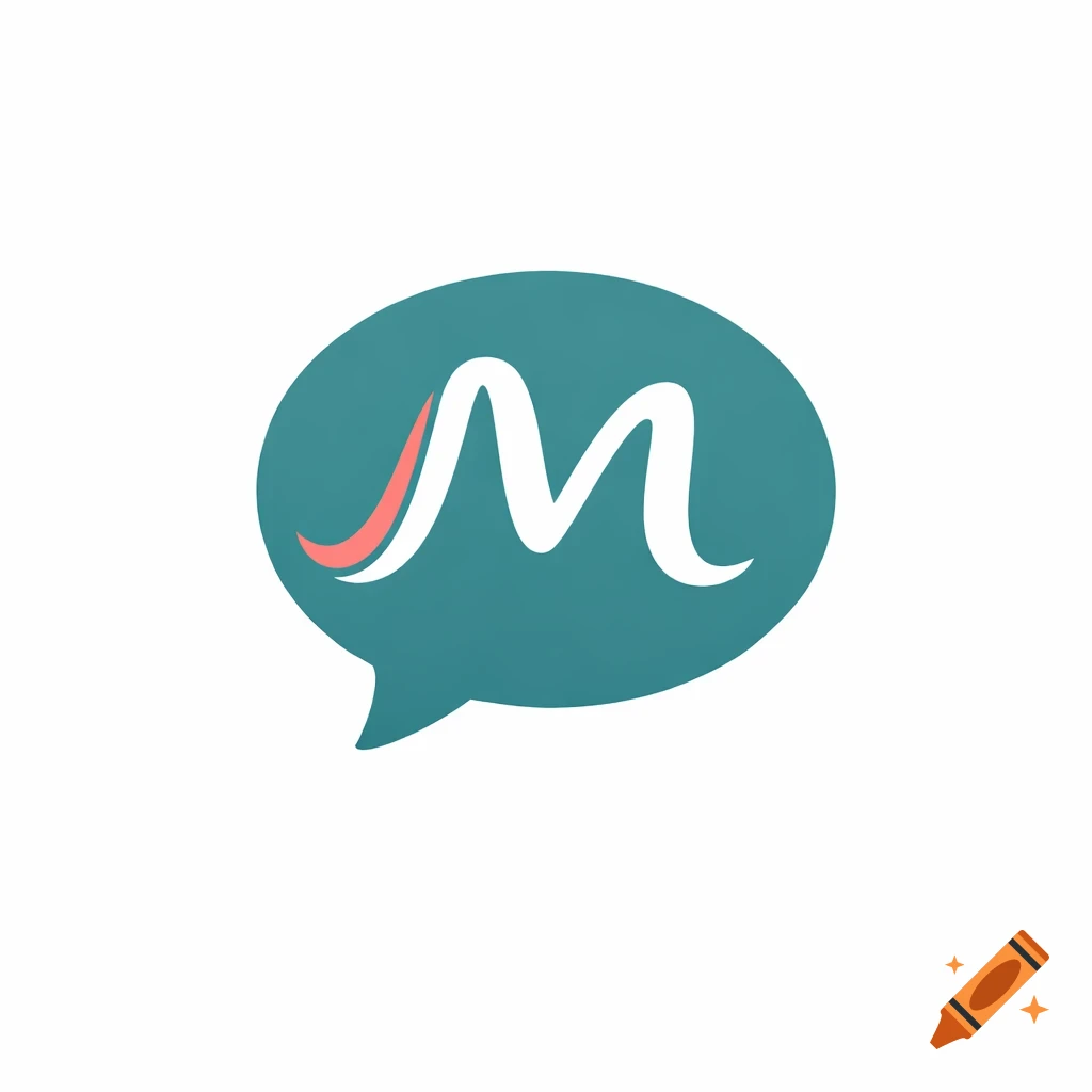 A minimalist logo featuring a sage teal speech bubble with a white stylized letter M and a warm coral accent.