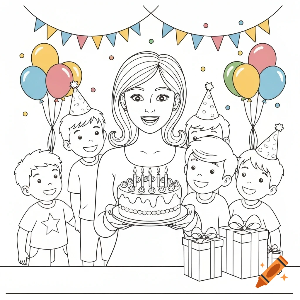 A coloring book style illustration of a smiling mother holding a birthday cake, surrounded by five happy boys in party hats, with balloons and gifts.