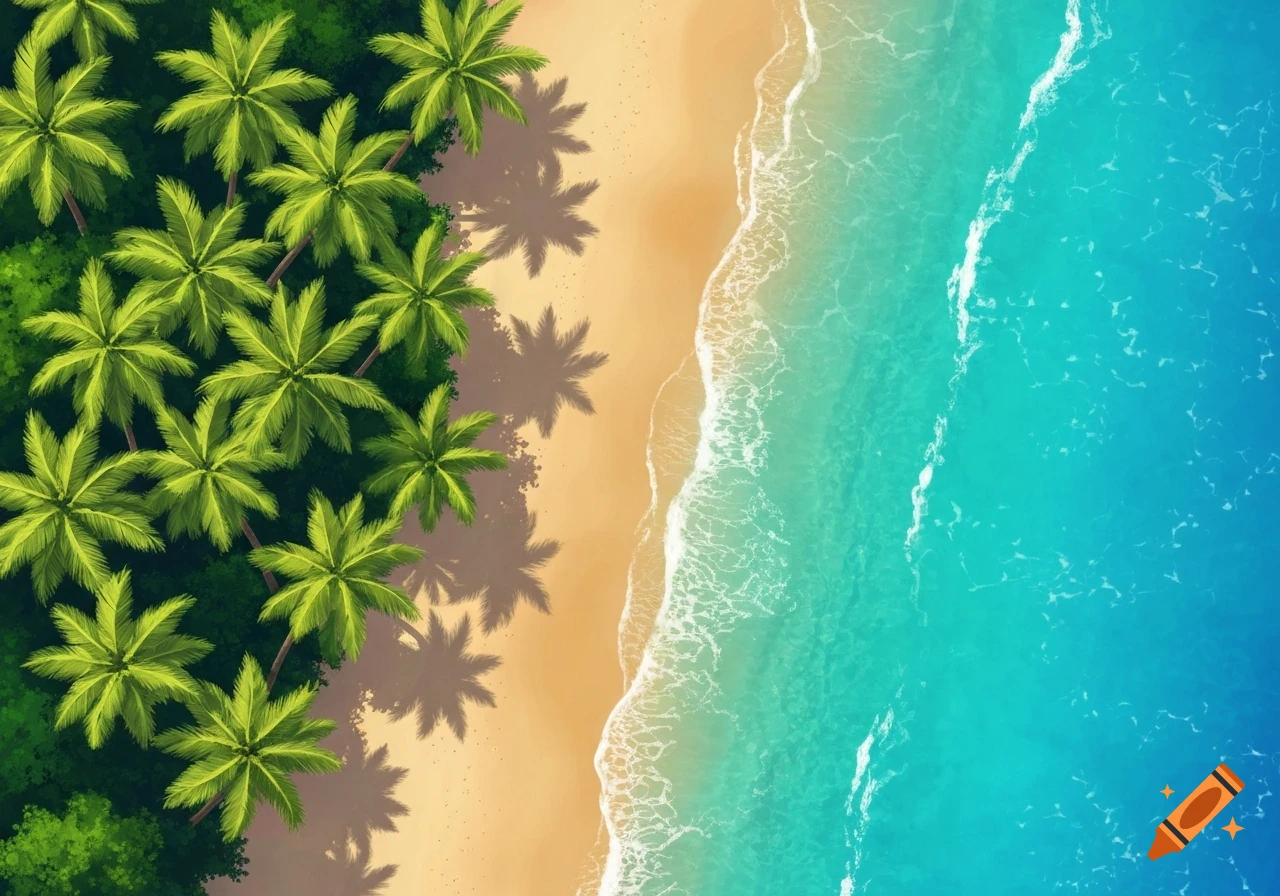 Aerial view of a sandy beach with palm trees casting shadows on the left and turquoise ocean waves on the right in an illustrative style.