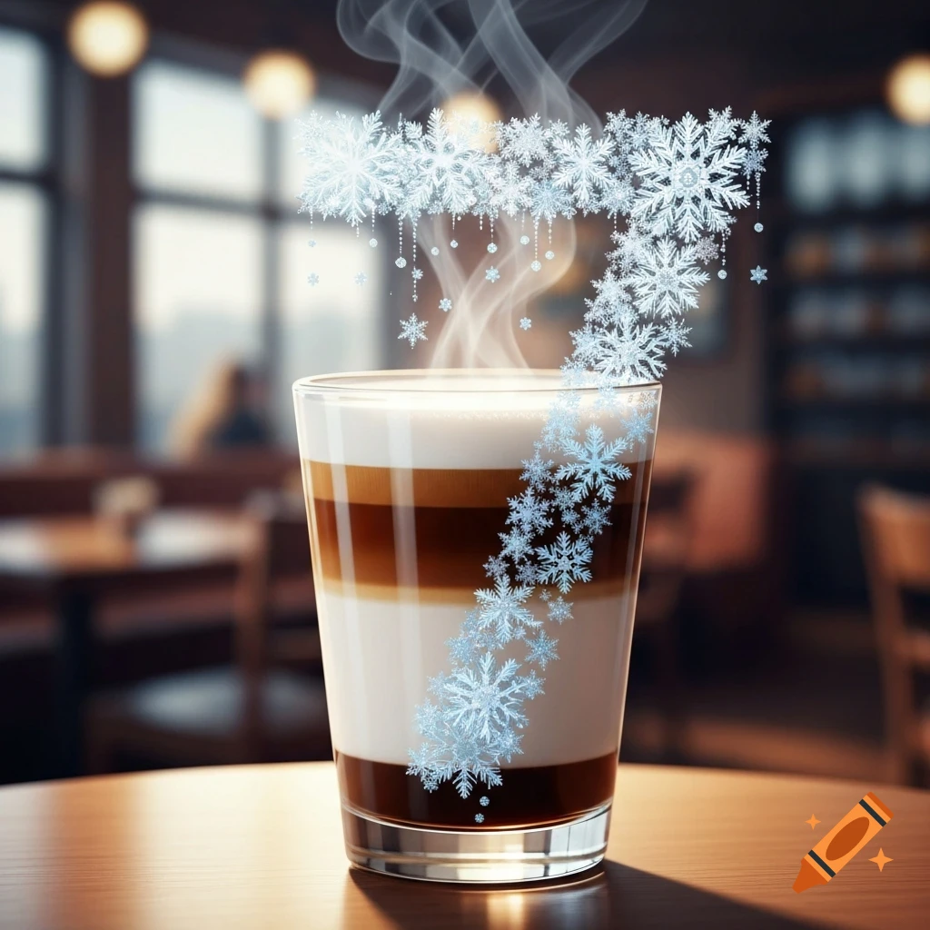 A layered latte macchiato in a glass on a table in a cafe, with steam rising and snowflakes forming the number 7 around it.