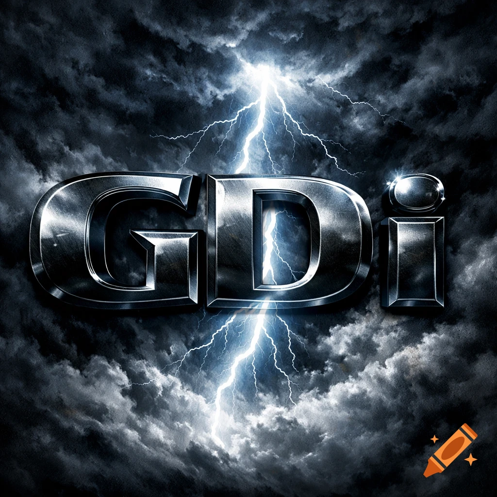 Metallic 3D letters 'GDi' amidst dark stormy clouds with a bright blue lightning bolt.
