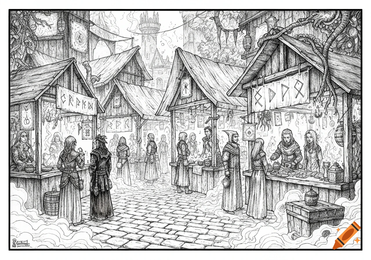 Monochrome ink drawing of a bustling medieval fantasy market with vendor stalls, various people, and a distant castle.