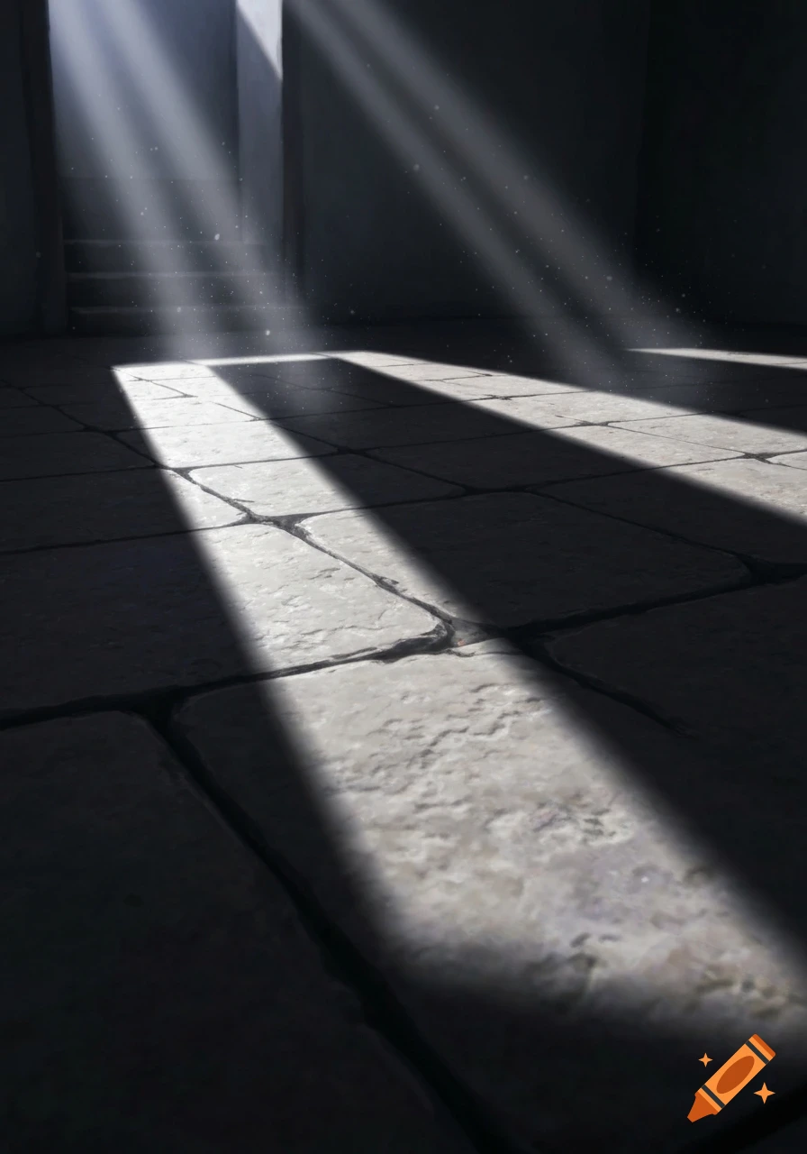 Sunlight streams into a dark, empty room with stone floors, creating dramatic shadows and highlighting dust motes.