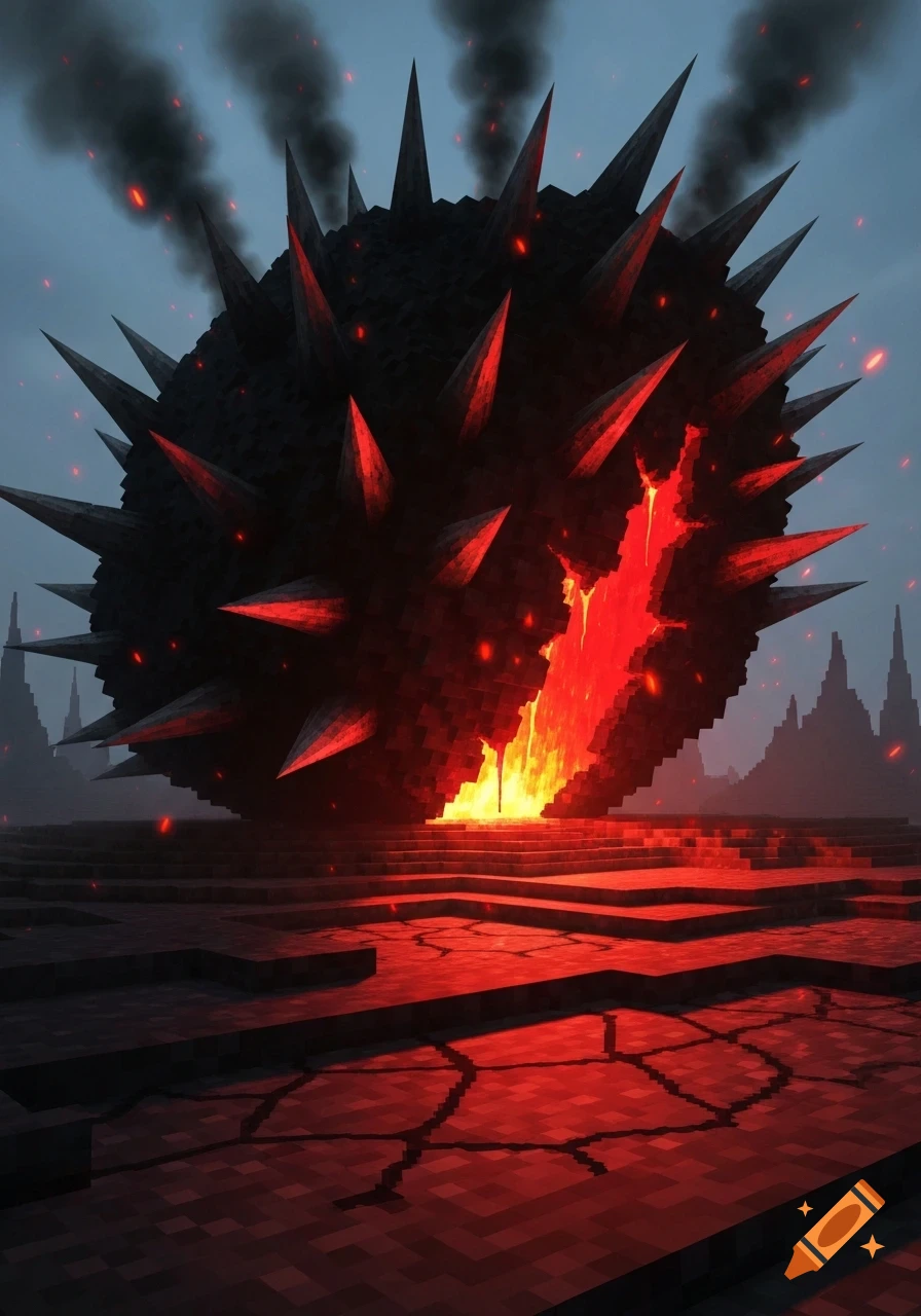 A Minecraft-style scene of a large, black spiky sphere cracked open, glowing with molten lava, emitting smoke in a dark, blocky landscape.