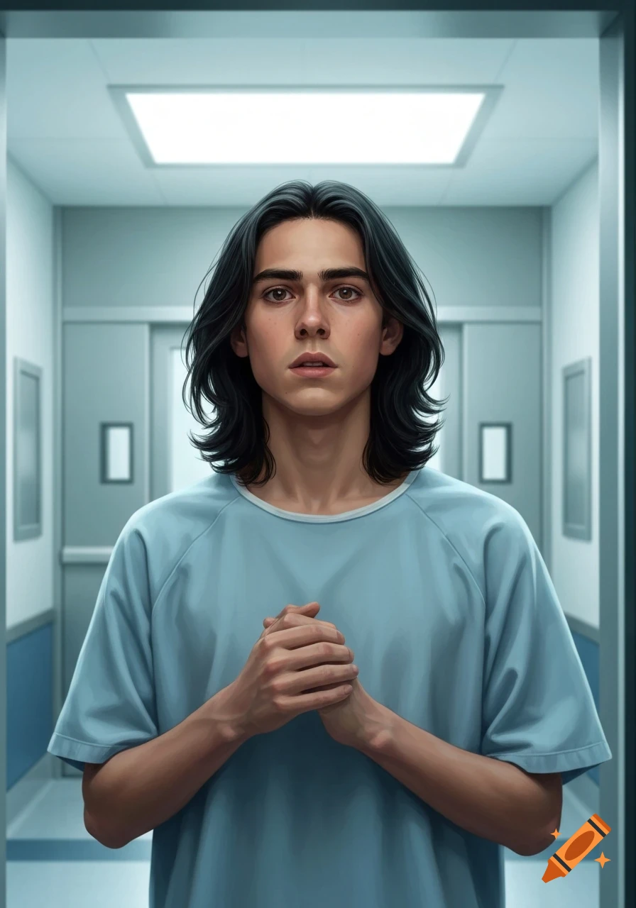 A realistic portrait of a young man with long dark hair, wearing a light blue hospital gown, standing in a hospital hallway with hands clasped.