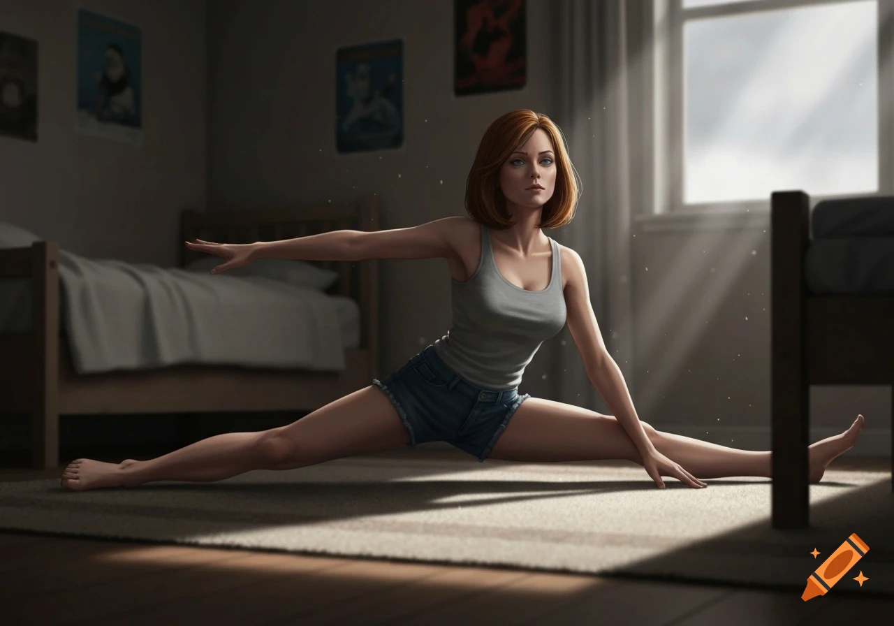 A woman with red-brown hair in a tank top and denim shorts does a full split on a rug in a sunlit bedroom. Photorealistic style.