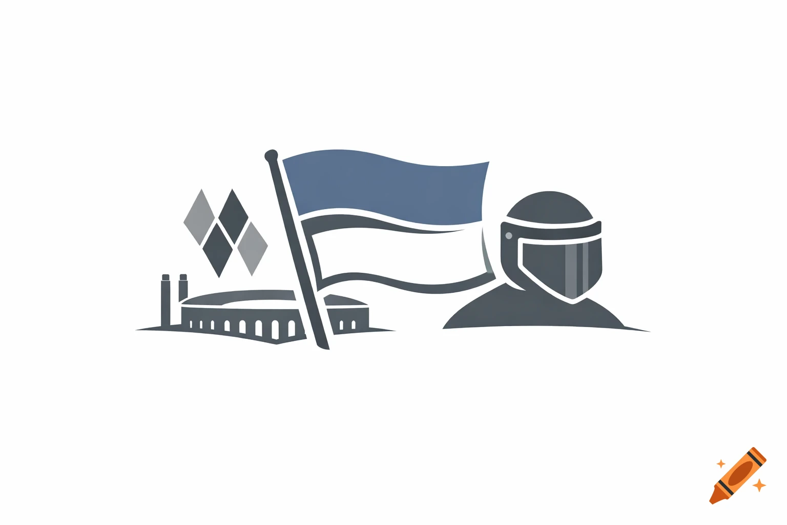 A minimalist vector logo with a blue and white flag, a stadium silhouette, diamond shapes, and a stylized helmet.