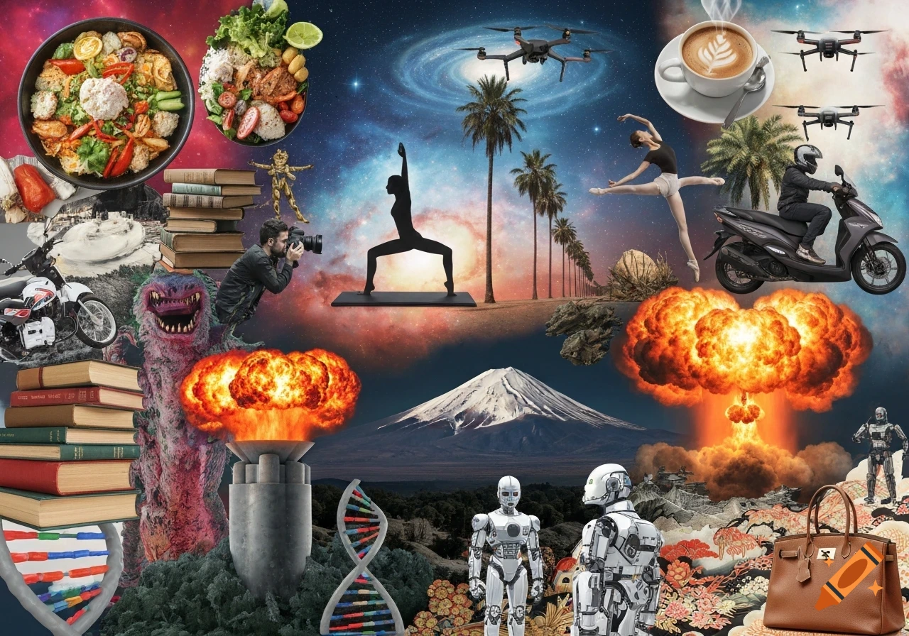A busy photo collage featuring Thai food, a galaxy with drones, a person doing yoga, a ballet dancer, a motorbike, books, a monster, a nuclear explosion, Mount Fuji, DNA strands, and robots.
