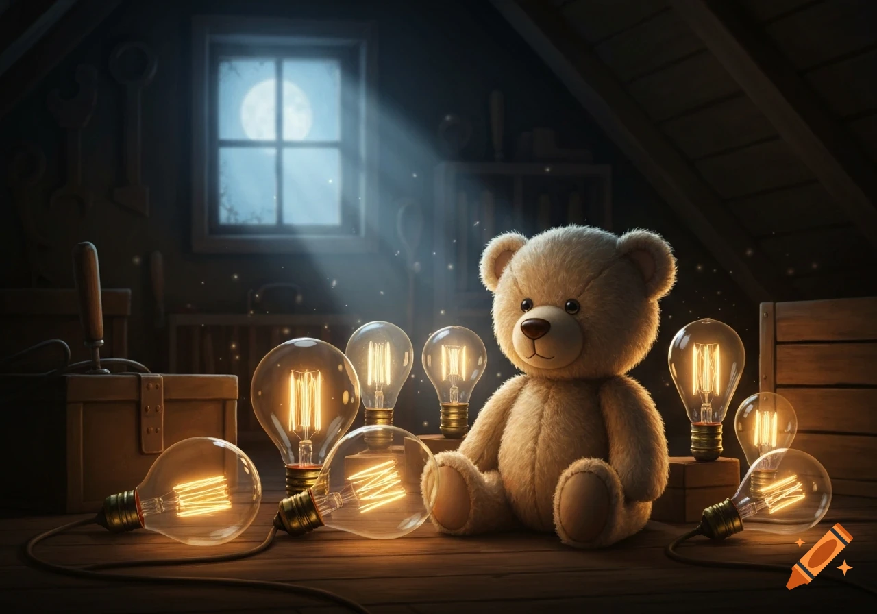 A fluffy teddy bear sits on a wooden floor surrounded by glowing Edison lightbulbs in a dark attic with moonlight streaming through a window.