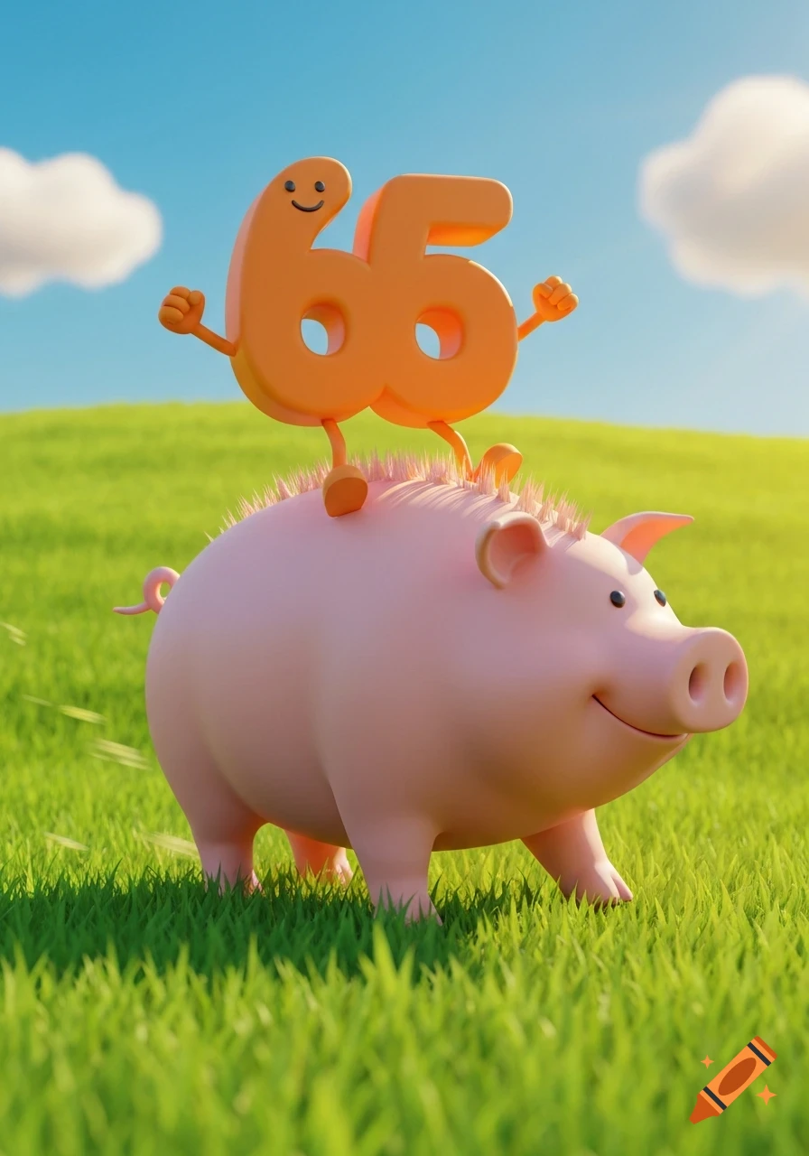 A cheerful orange number 65 character with a smiley face and limbs rides on the back of a pink pig in a bright green grassy field under a blue sky, in a 3D cartoon style.