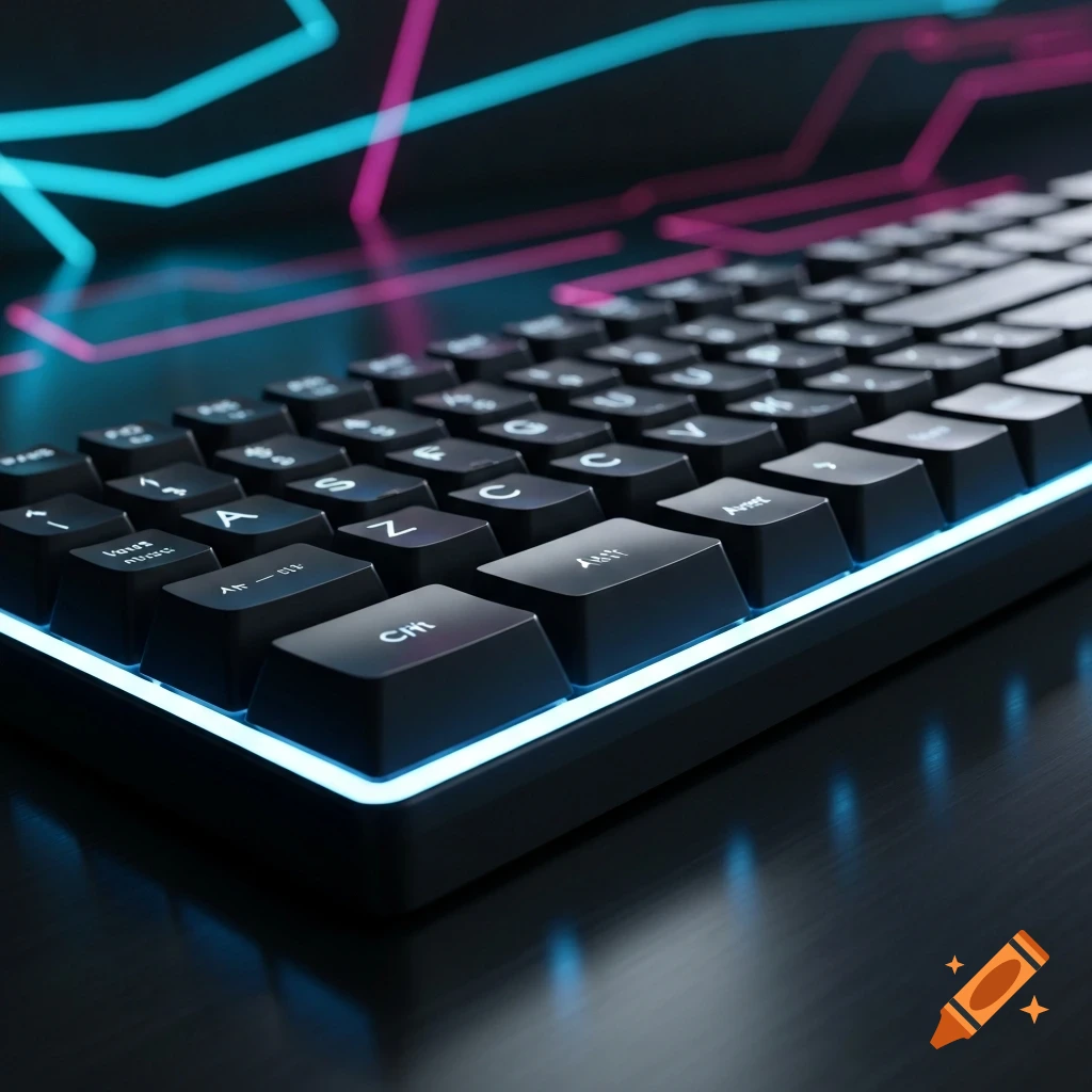 Close-up of a black computer keyboard with bright blue and pink RGB lighting in a dark setting, showing individual keys.