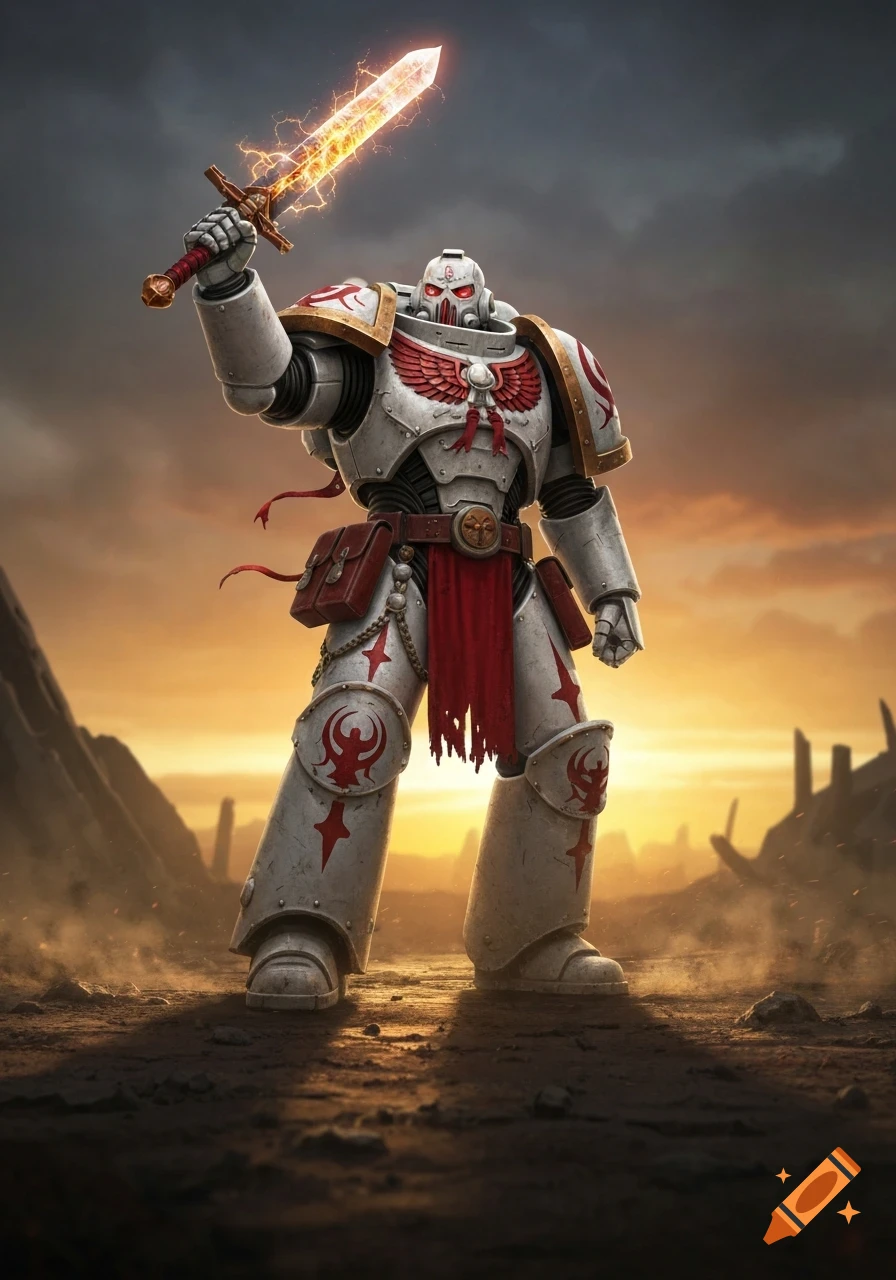 A white and red Warhammer 40K Space Marine raises a glowing power sword in a desolate, rocky landscape at sunset.