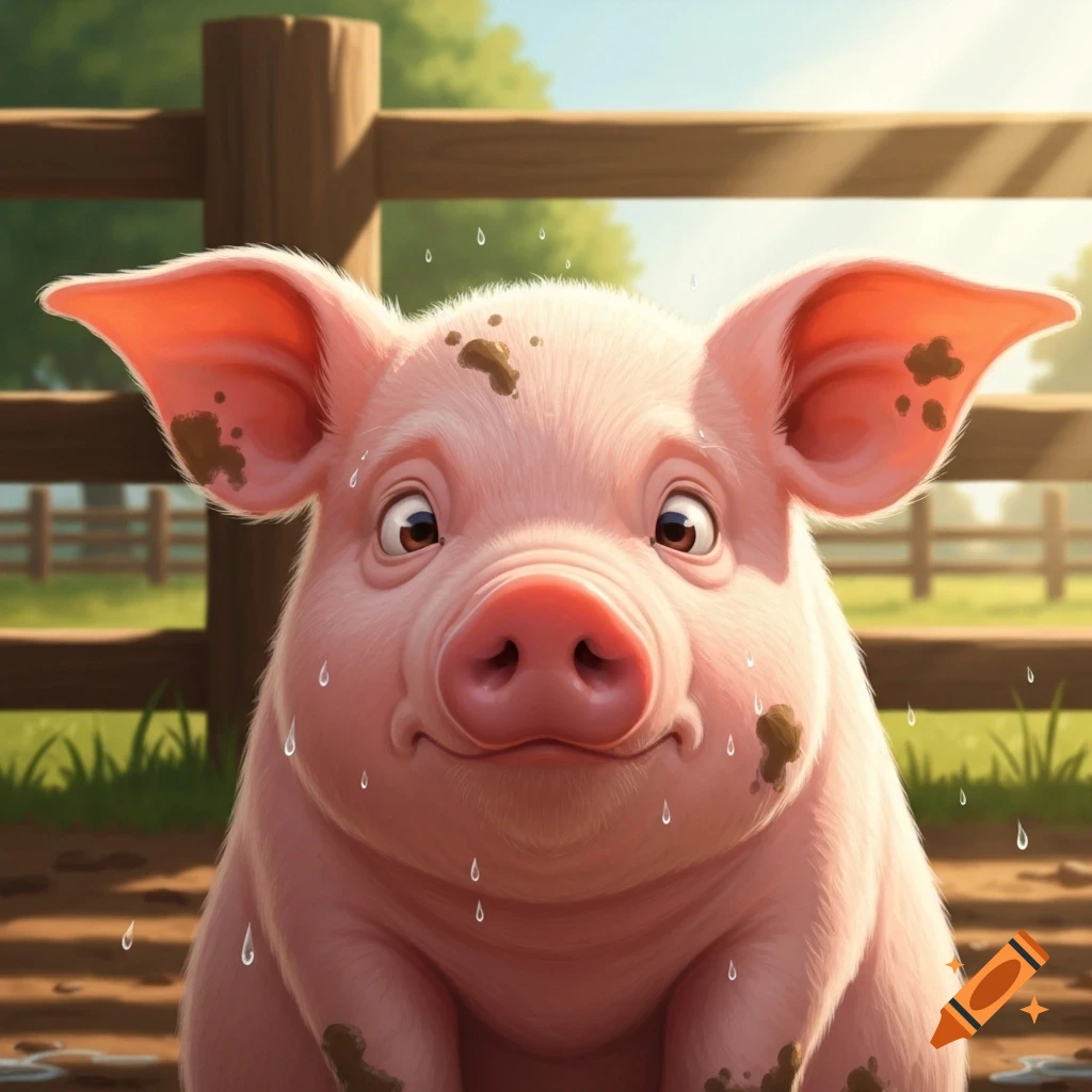A cute, cartoonish pink pig covered in mud and water droplets, looking bashful in a sunny farm setting with a wooden fence.