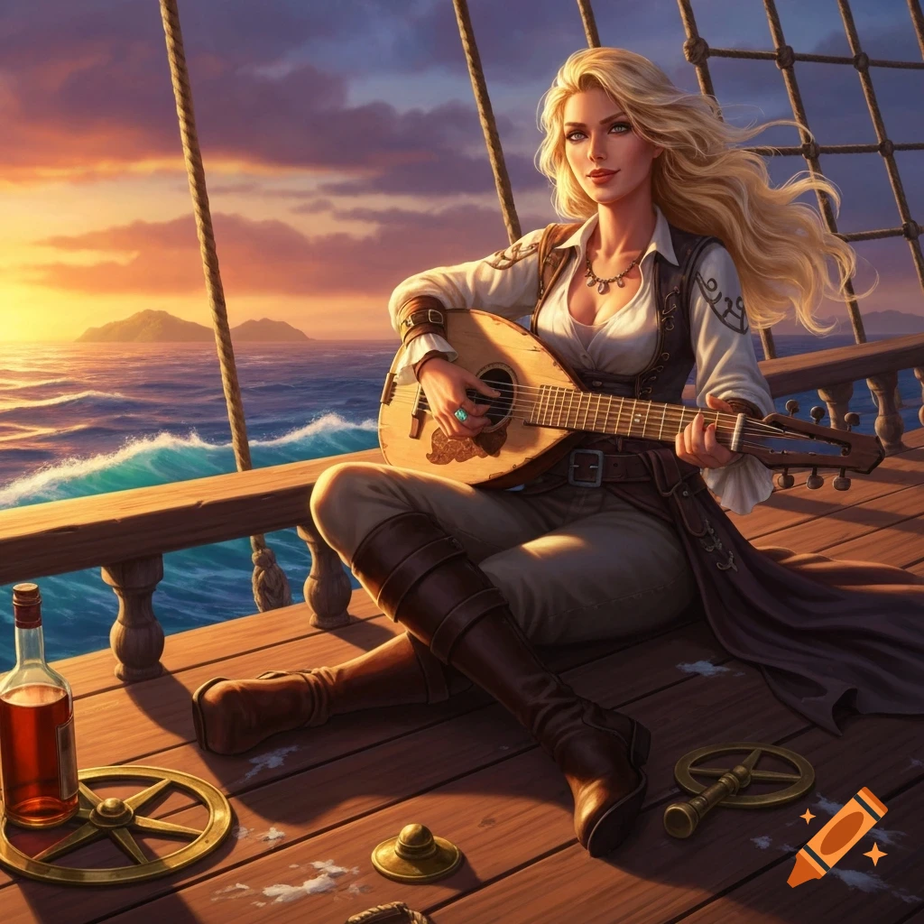 Blonde pirate woman playing a lute on a ship deck at sunset, digital painting.