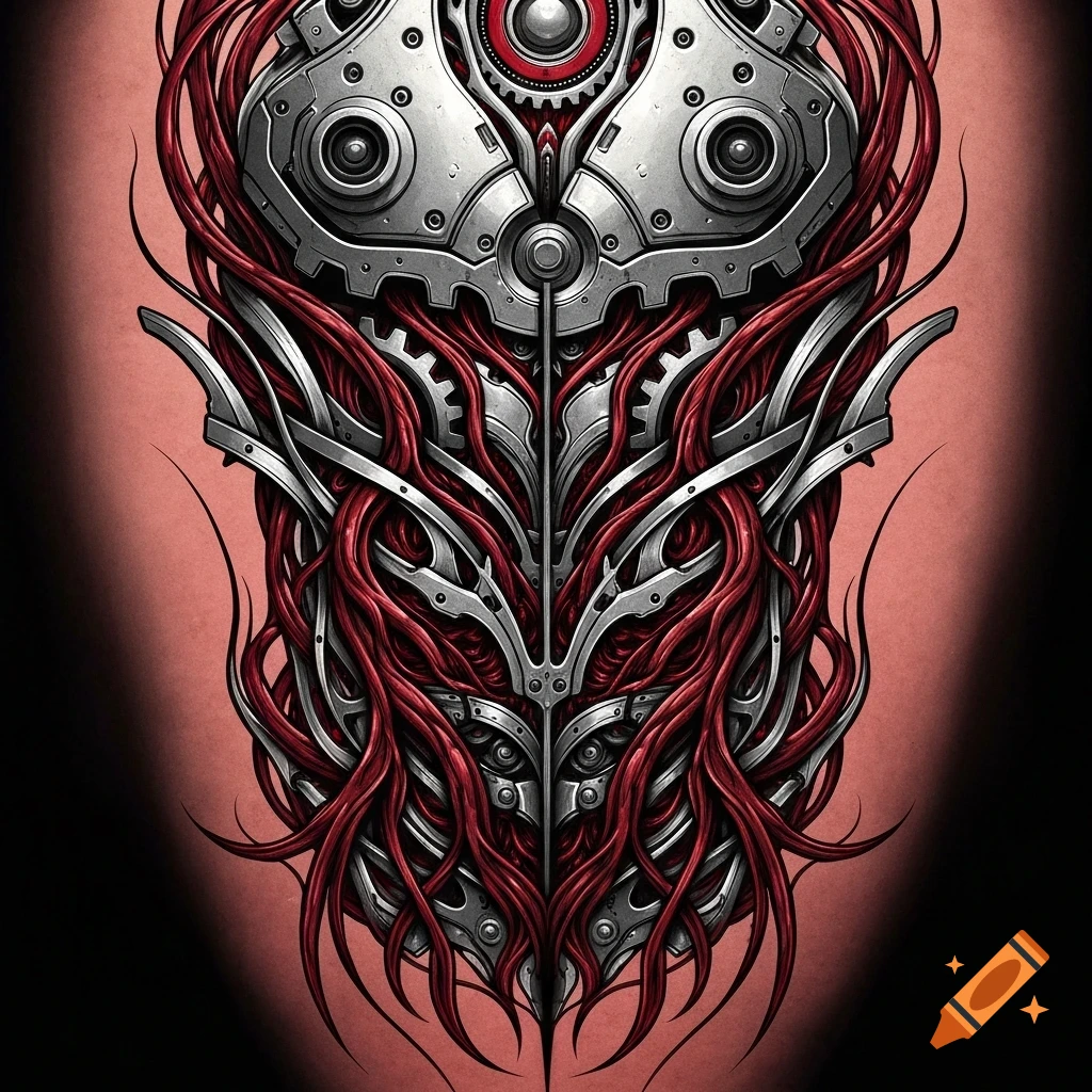 A detailed biomechanical design featuring red tendrils intertwined with silver metallic plates and gears, resembling a tattoo.