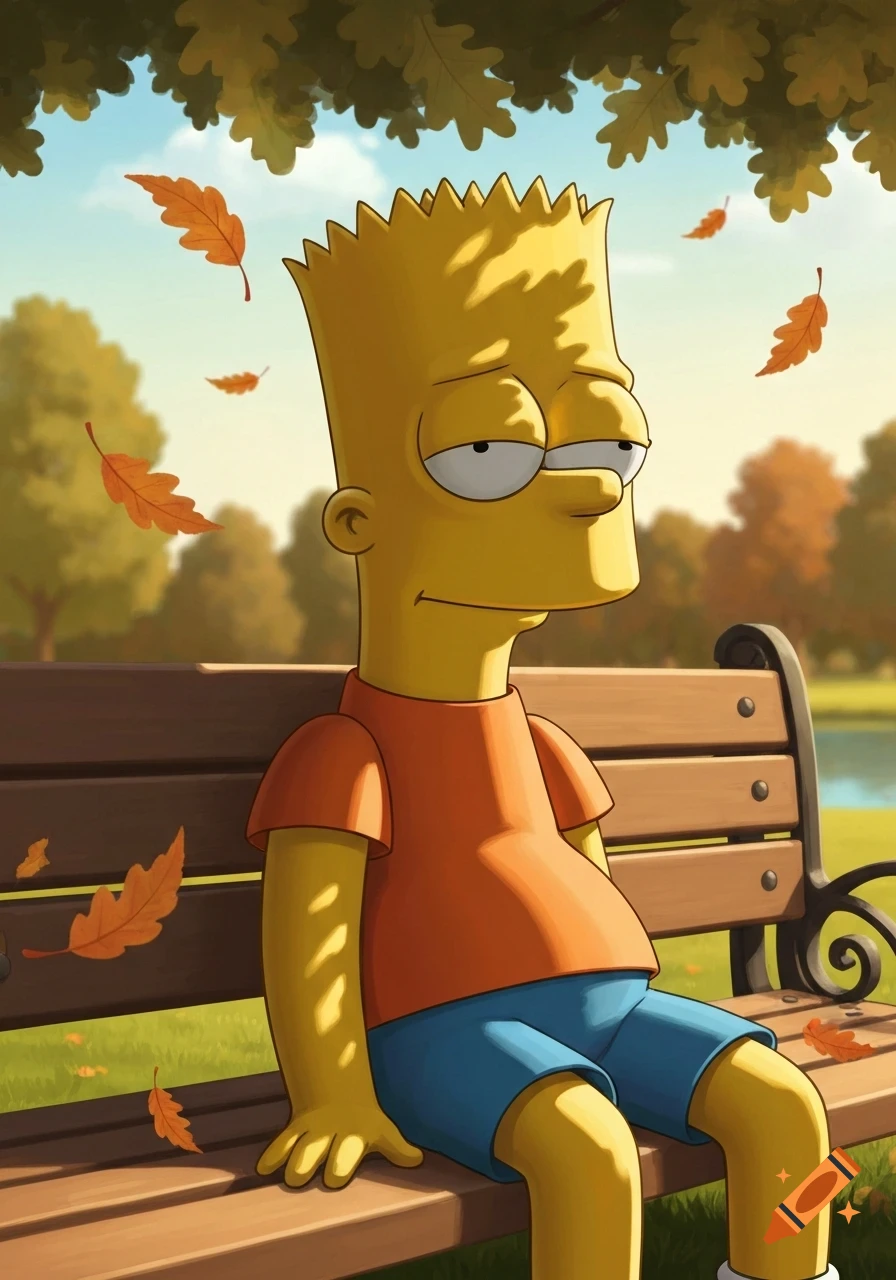 Bart Simpson, with a calm expression, sits on a park bench as autumn leaves fall around him, in a cartoon style.