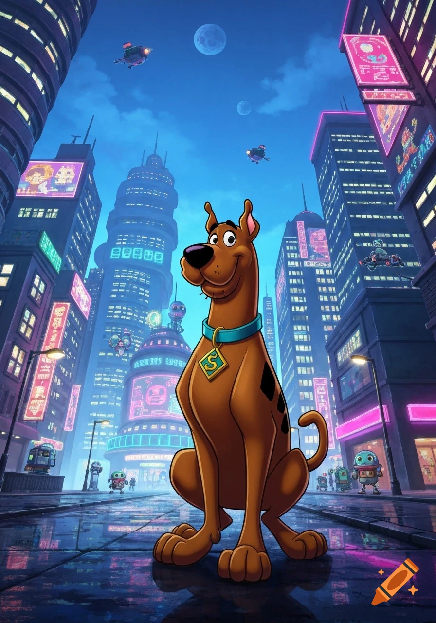 Scooby-Doo sits in a futuristic city at night, surrounded by neon-lit skyscrapers, flying vehicles, and robots under a moonlit sky.