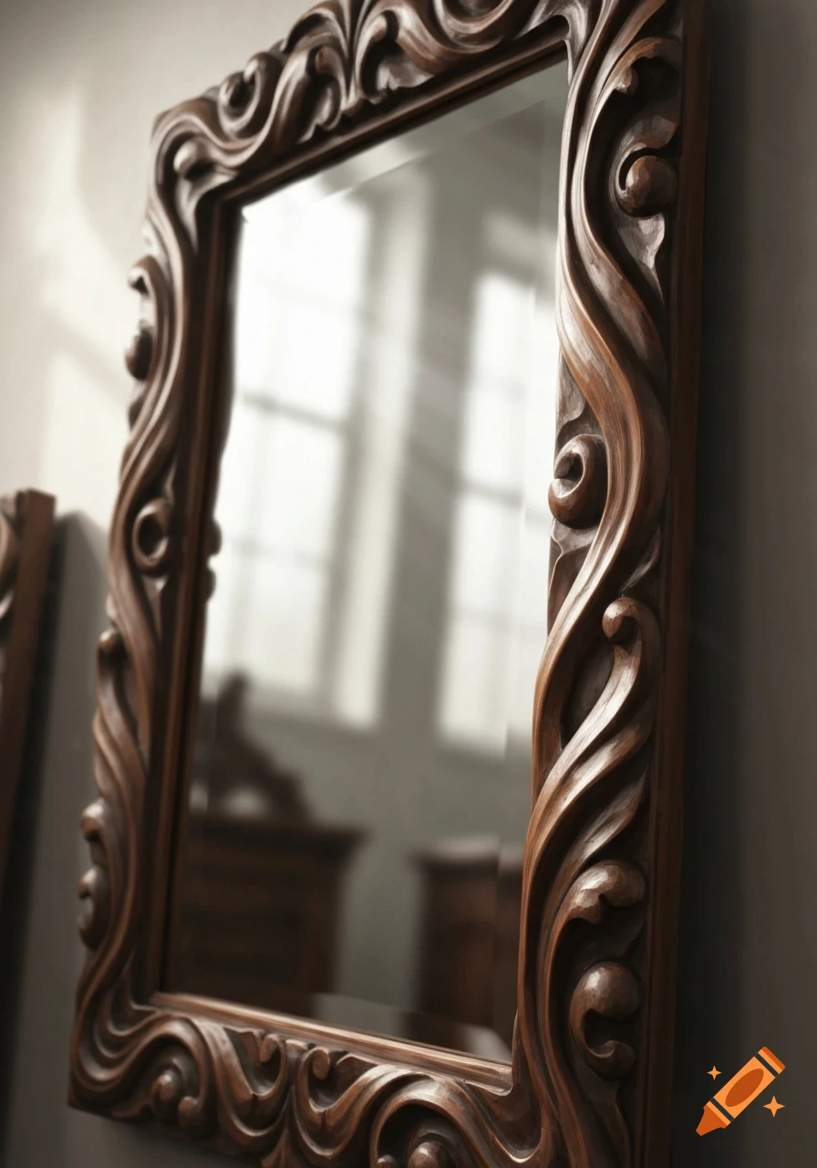 Close-up of a vintage dark wood mirror with an intricately carved frame, reflecting a blurry interior with windows.