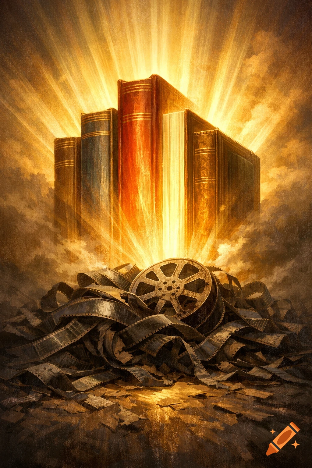 A stack of glowing, heroic books rises above a tangled film reel, bathed in dramatic golden light in a painterly, symbolic style.