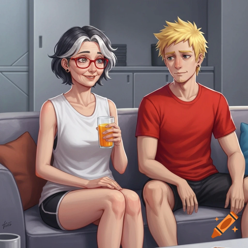 Anime-style woman with graying hair and red glasses holding juice, sitting on a couch next to a man with spiky yellow hair.