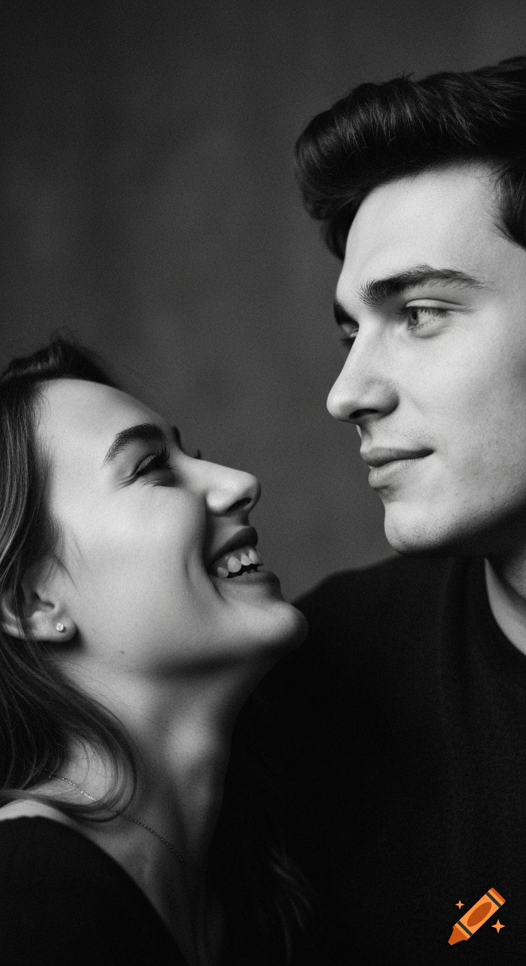 Black and white close-up portrait of a smiling woman looking up at a man.