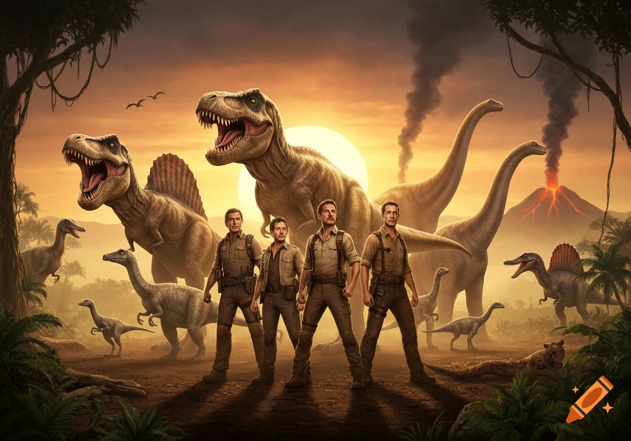 Four men stand heroically among various dinosaurs and erupting volcanoes in a prehistoric jungle at sunset.