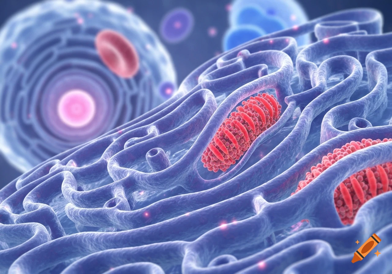 A detailed 3D render of an endoplasmic reticulum, showing its intricate blue membrane network with red structures inside, against a blurred cellular background.