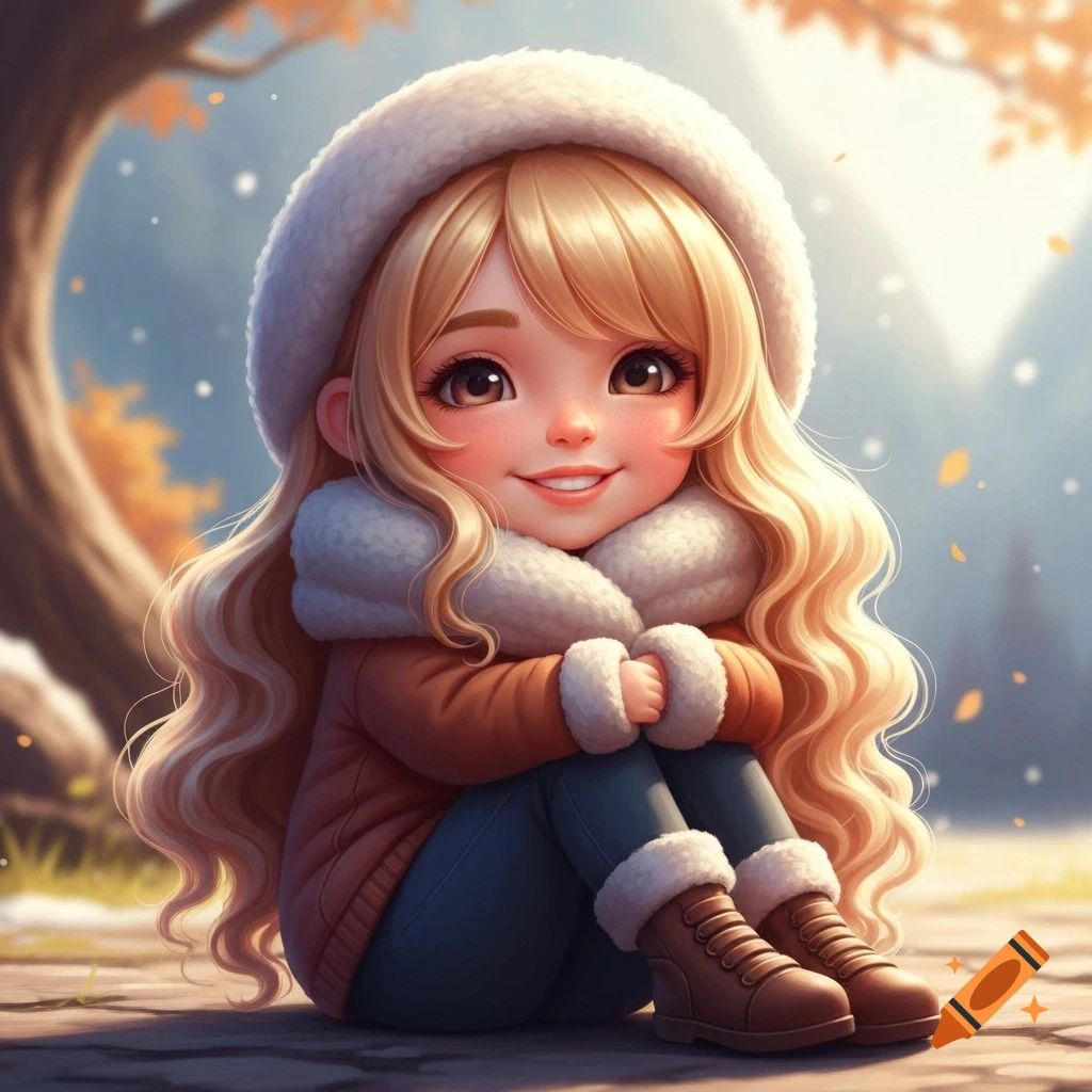 A cute blonde chibi girl with a furry white hat and collar smiles while sitting on snowy ground amidst autumn trees.