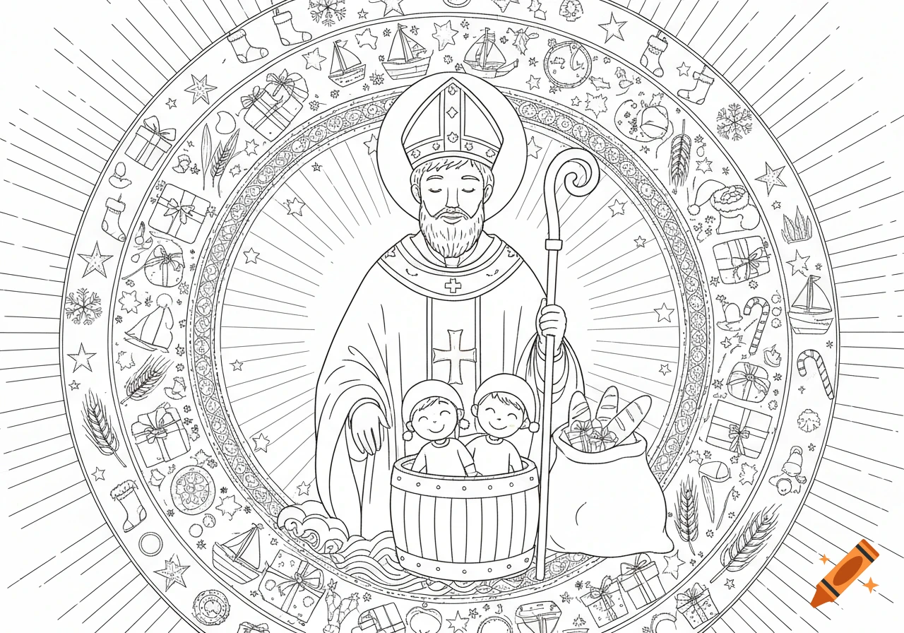 Line art coloring page of Saint Nicholas, with two children in a barrel and a bag of bread, surrounded by a mandala of Christmas and nautical symbols.