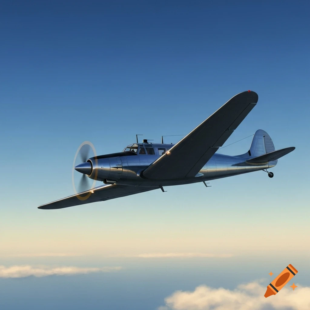 A shiny silver propeller plane flying above clouds in a clear blue sky.