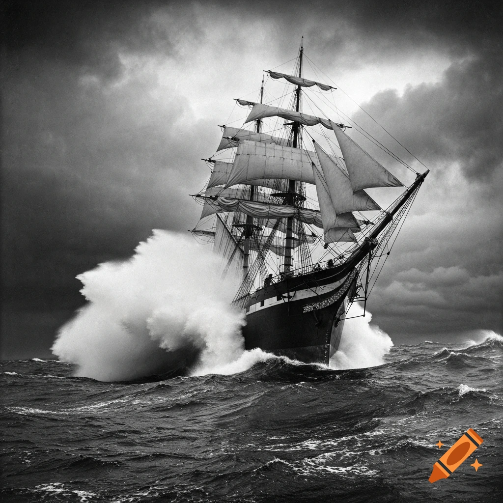 Black and white vintage photograph of a large sailing ship with full sails battling a stormy, choppy sea under dark clouds.