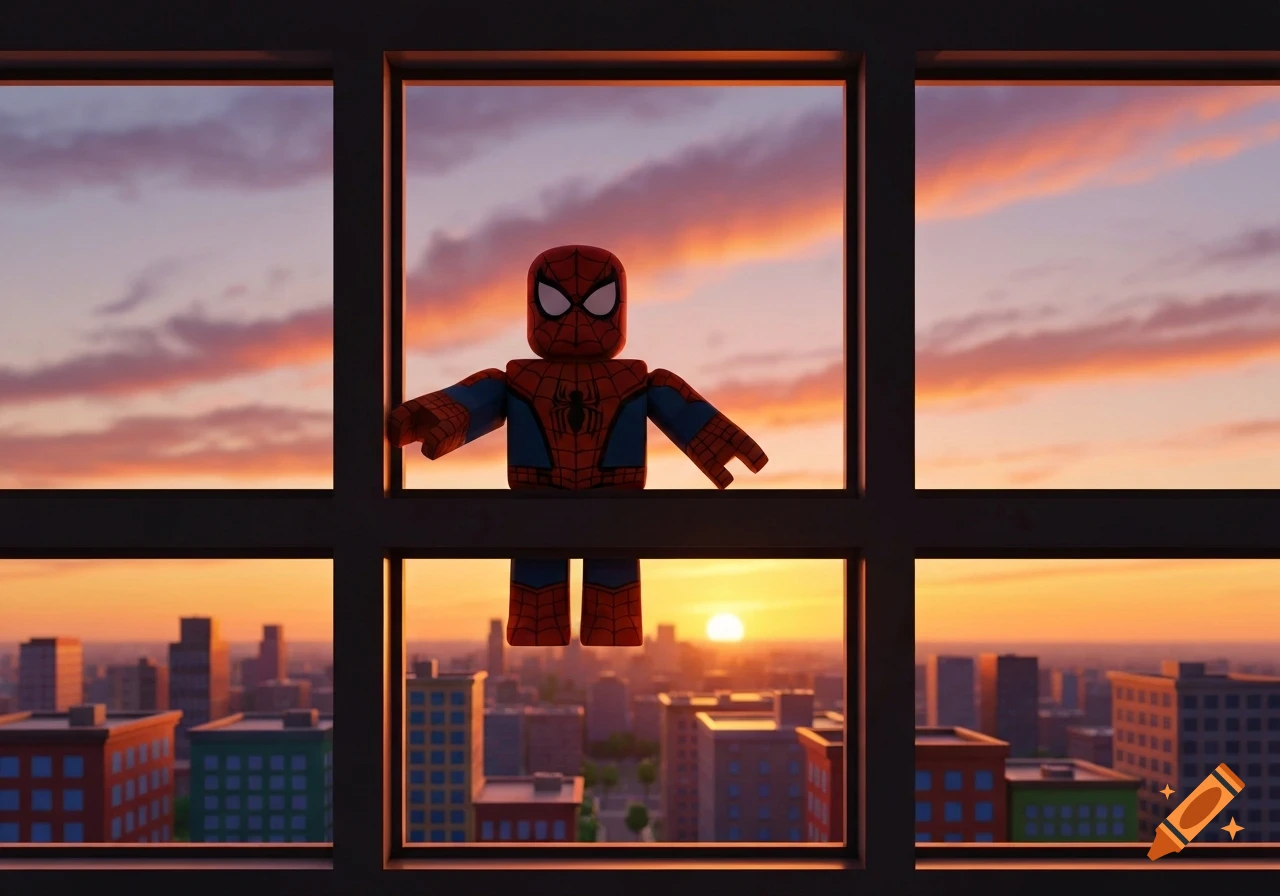 A Roblox-style Spider-Man character is framed by a window, overlooking a city skyline at sunset.