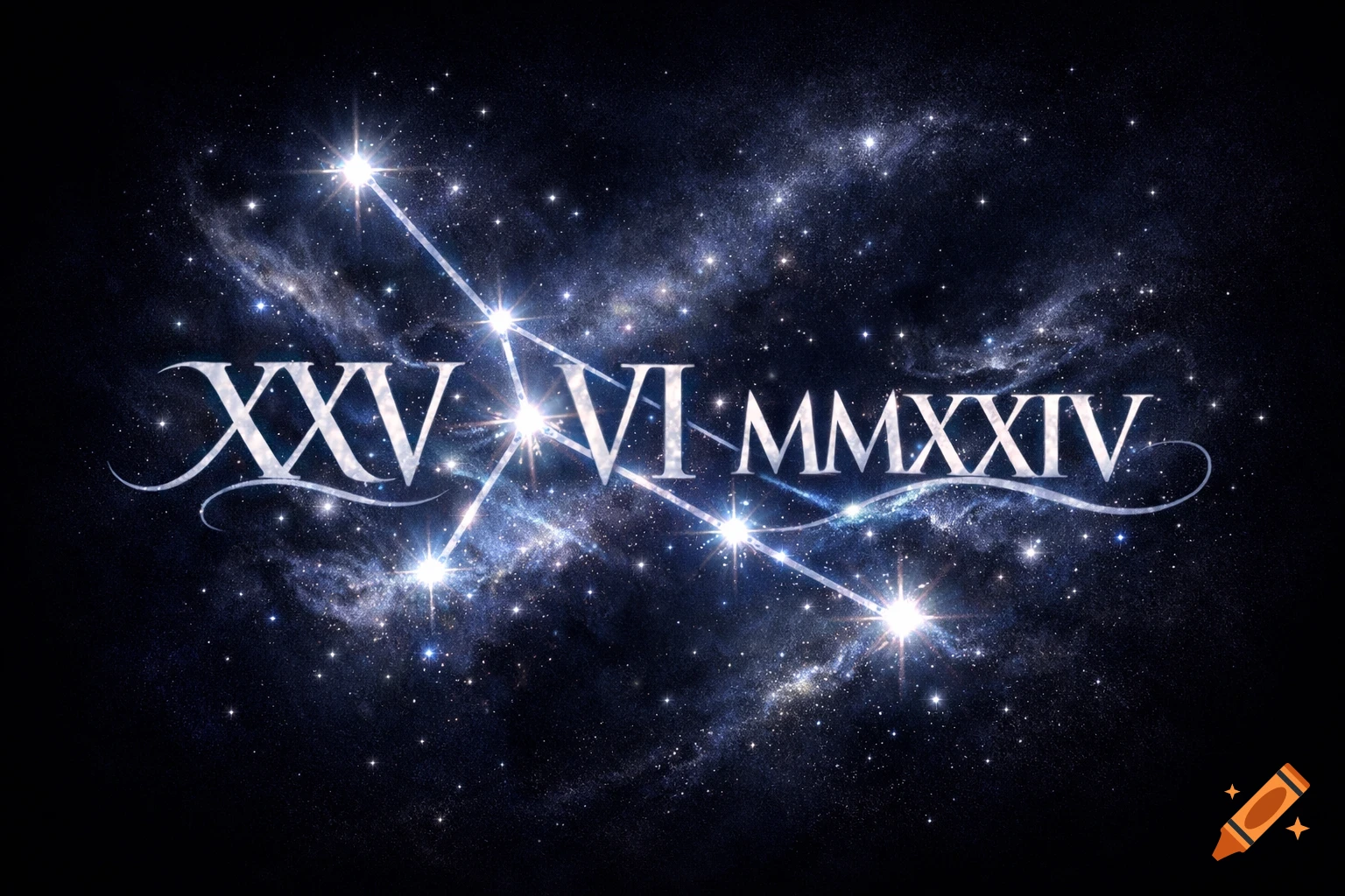 Roman numerals XXV VI MMXXIV formed by a sparkling constellation against a deep space nebula background.