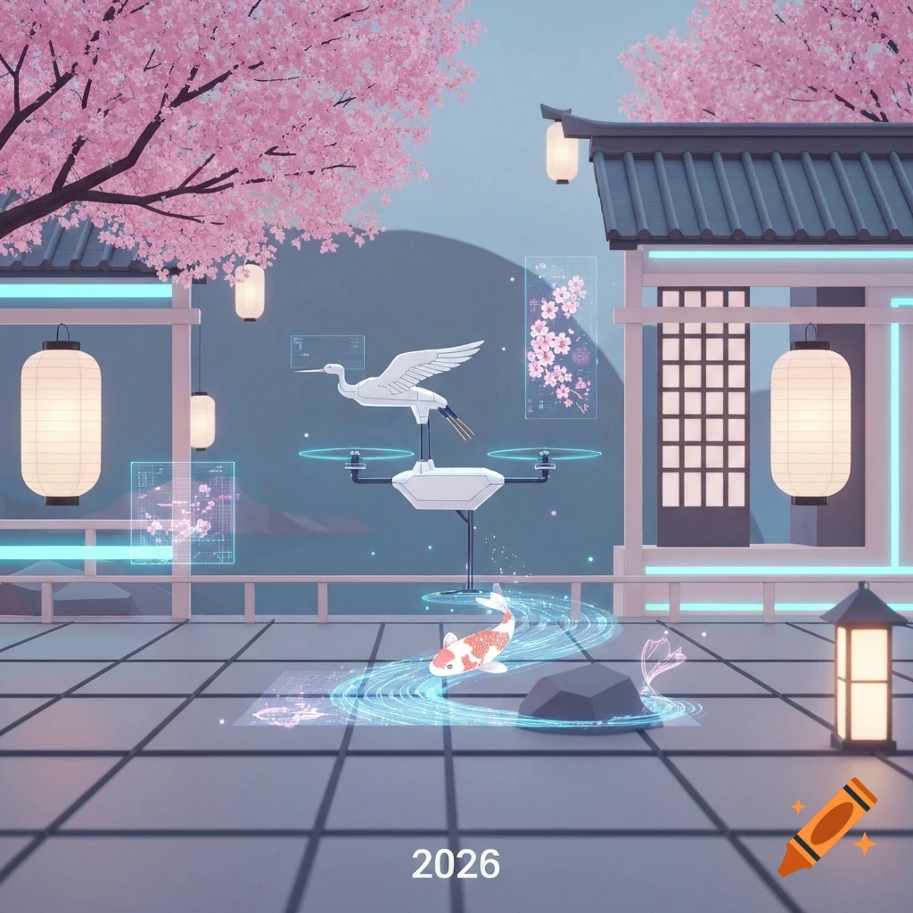 A futuristic Japanese garden with a crane-like drone, koi fish in a glowing pond, cherry blossoms, and traditional buildings. Text '2026'.