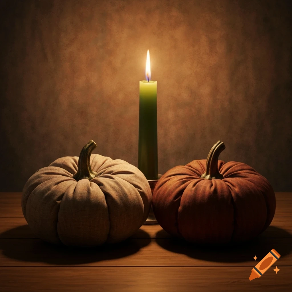 A still life with two fabric pumpkins and a lit green candle on a wooden table against a dark background, in a photorealistic style.