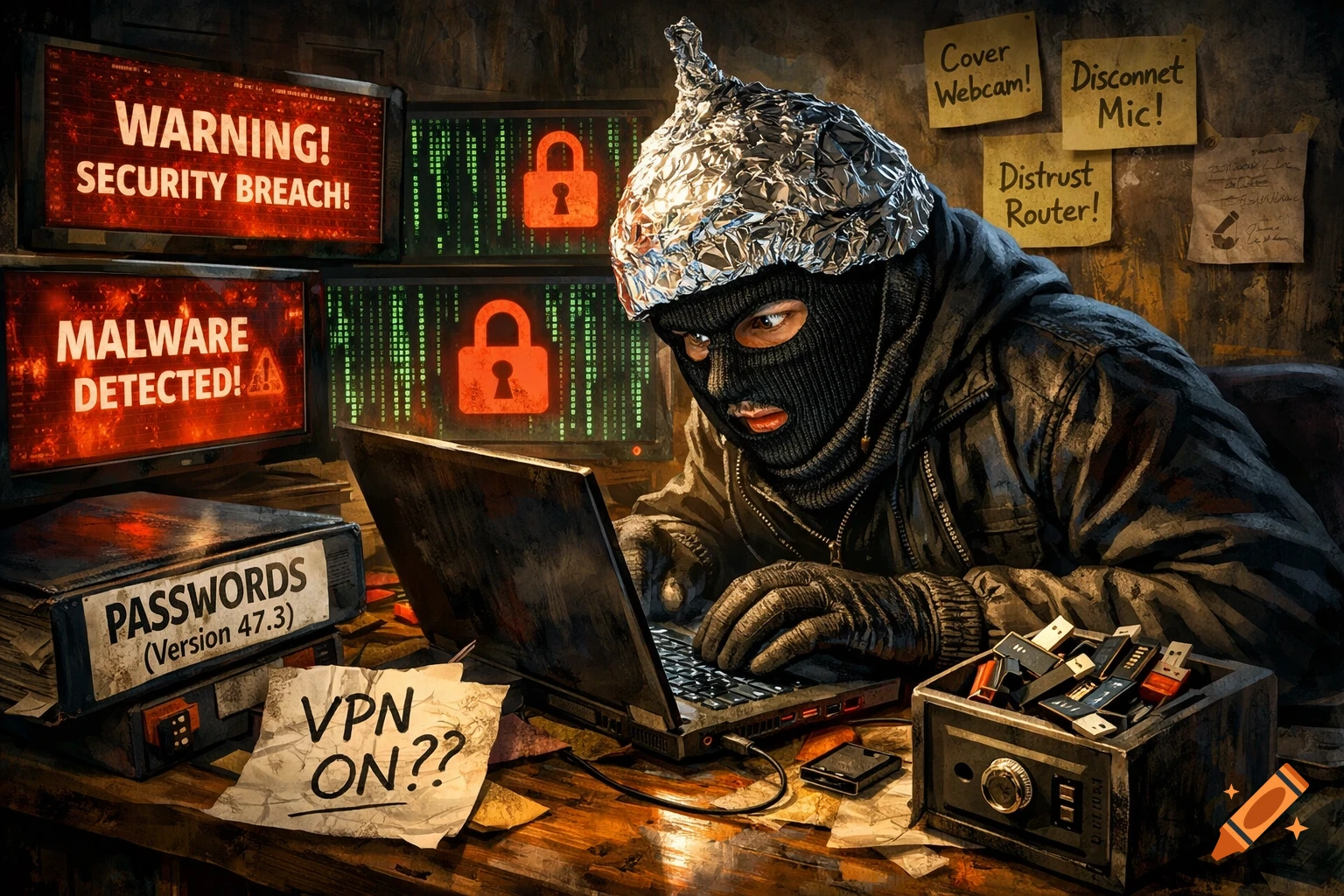 An overly paranoid hacker with a tin foil hat and balaclava works on a laptop, surrounded by monitors showing security warnings.