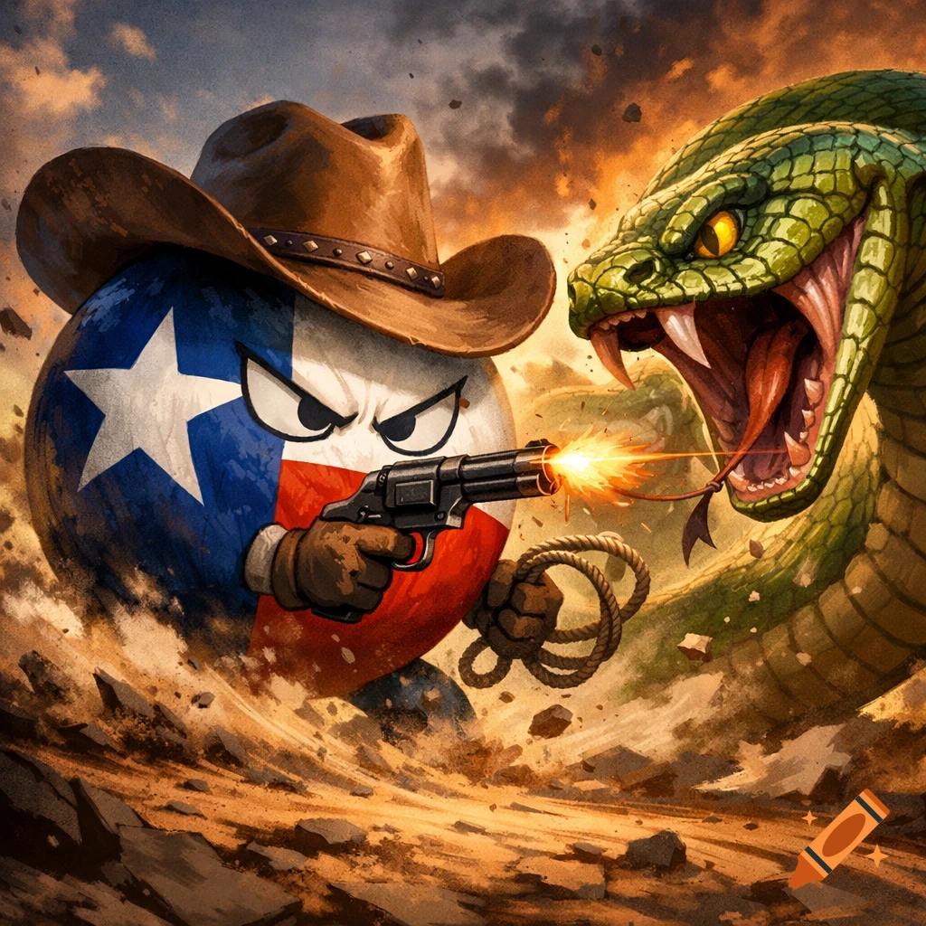 An angry Texas countryball in a cowboy hat shoots a pistol at a large green snake in a dusty, rocky landscape.