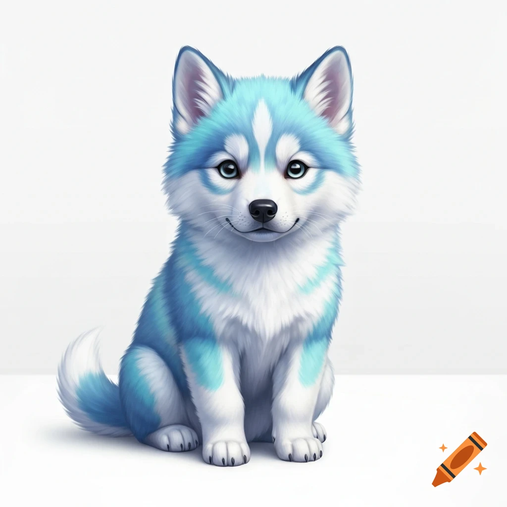 A cute stylized light blue and white wolf puppy with large blue eyes sits looking forward on a plain white background.