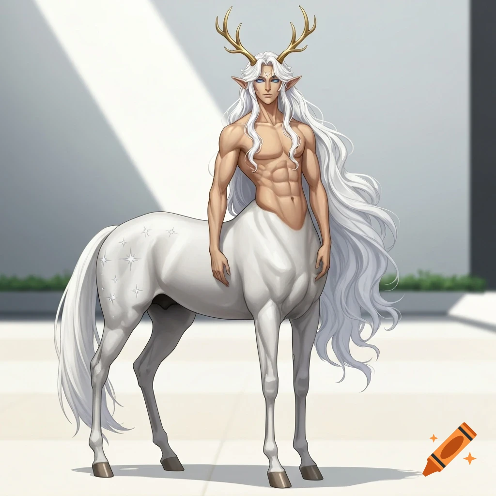 Anime male centaur with long white hair, gold antlers, a muscular pale tan upper body, and a white horse lower body with star patterns, standing outside.