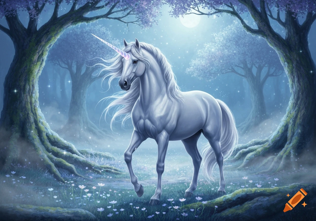 A majestic white unicorn in a glowing, enchanted forest under a full moon, surrounded by purple trees and shimmering flowers.